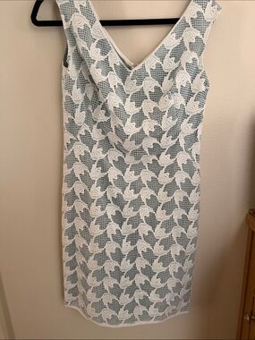 Tory Burch White Lace Overlay Midi Dress with Blue Underlayer